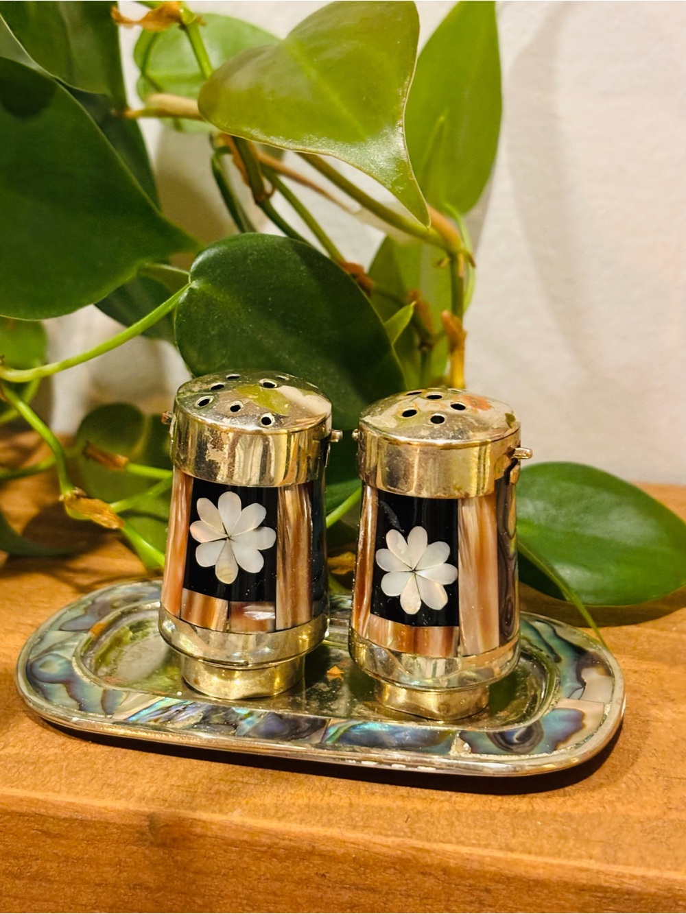 Mid-Century Alpaca Silver & Abalone Salt & Pepper Shakers – Mexico